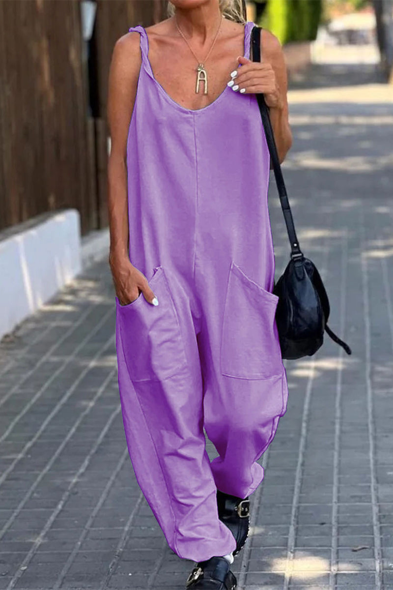 Casual Simplicity Solid Pocket U Neck Loose Jumpsuits