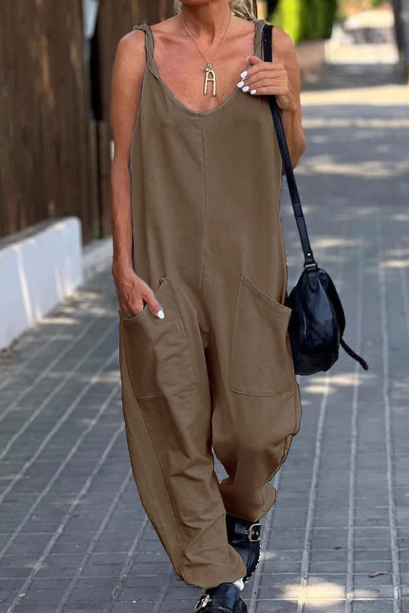 Casual Simplicity Solid Pocket U Neck Loose Jumpsuits