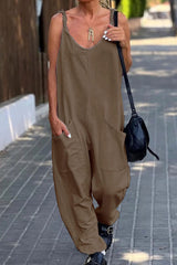 Casual Simplicity Solid Pocket U Neck Loose Jumpsuits