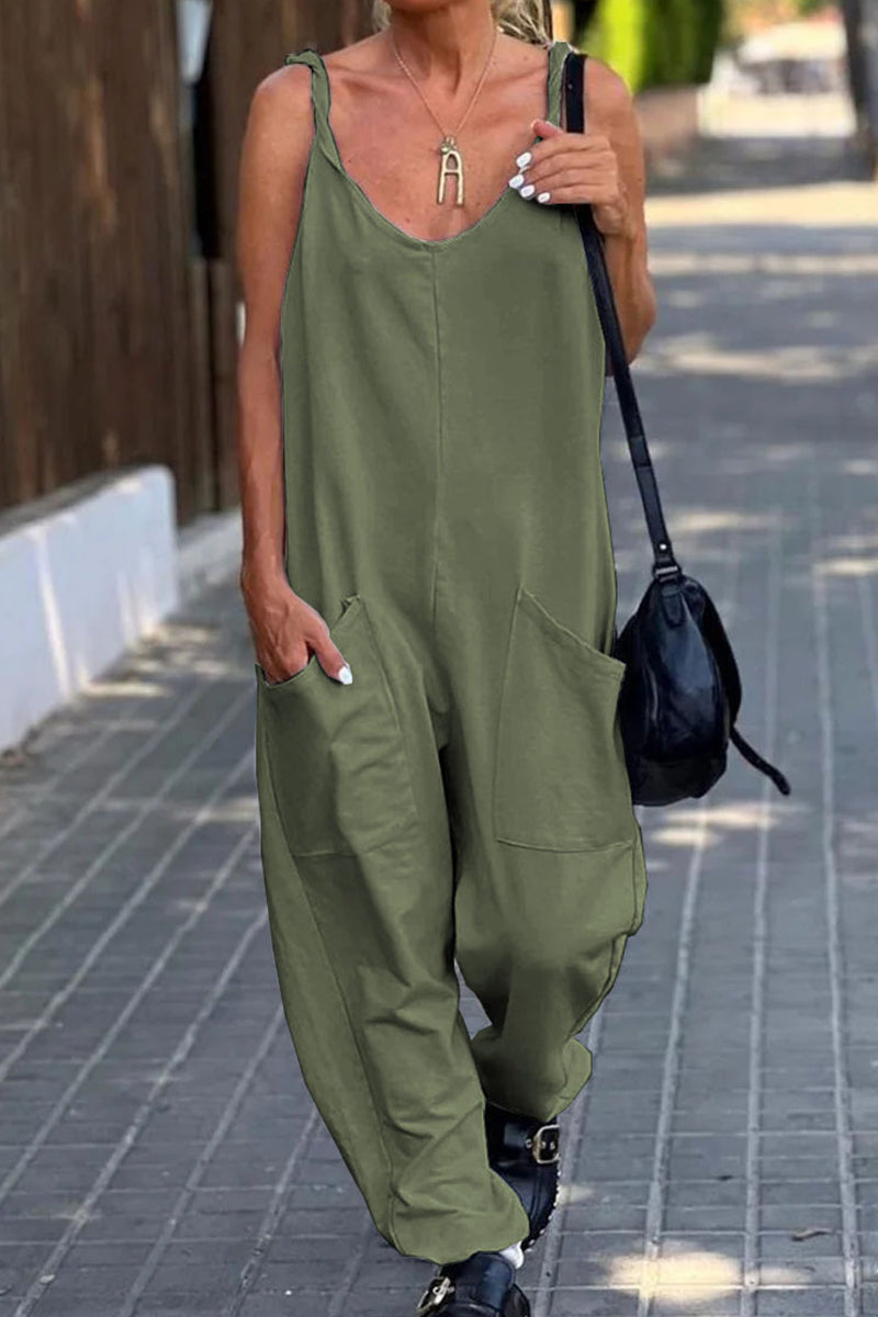 Casual Simplicity Solid Pocket U Neck Loose Jumpsuits