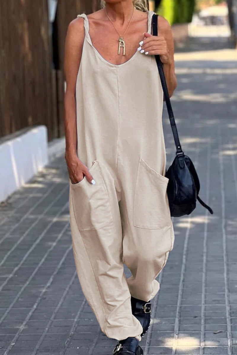 Casual Simplicity Solid Pocket U Neck Loose Jumpsuits