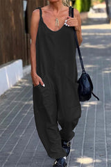 Casual Simplicity Solid Pocket U Neck Loose Jumpsuits