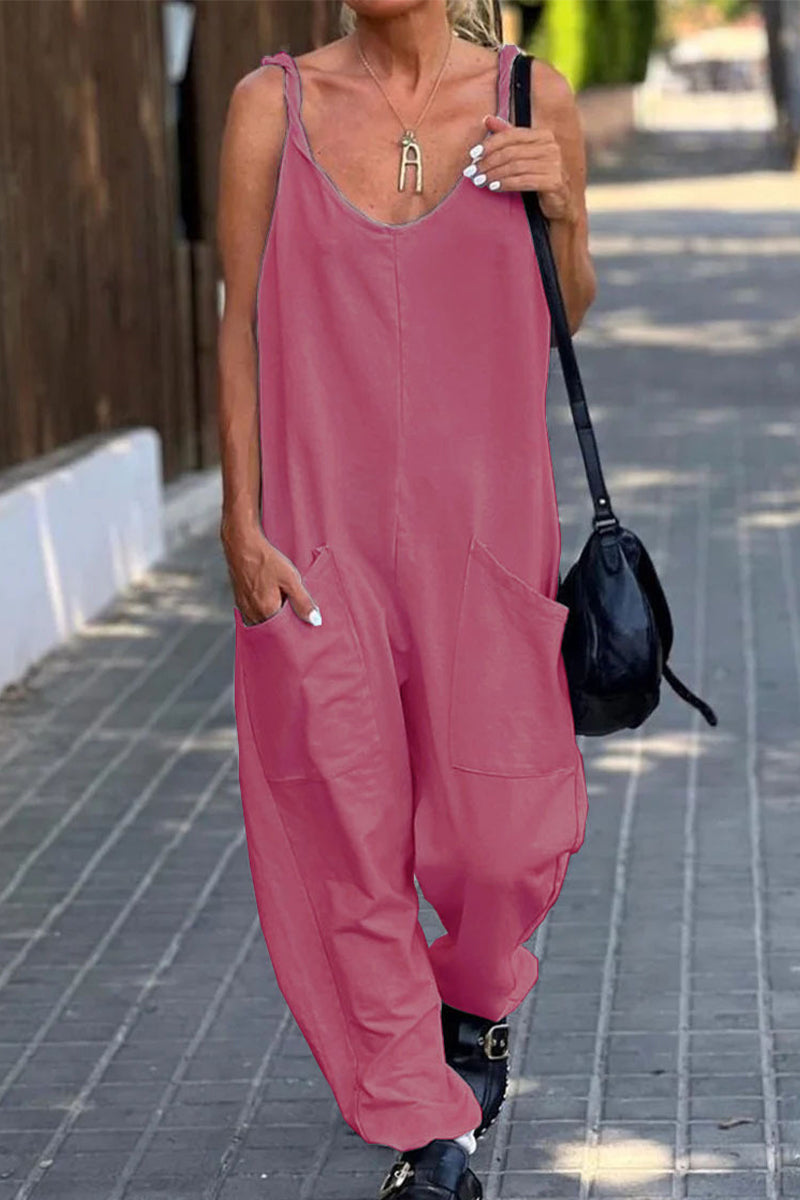 Casual Simplicity Solid Pocket U Neck Loose Jumpsuits