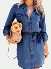 Elegant Solid Frenulum Turndown Collar Long Sleeve Loose Denim Dresses Skater Dresses