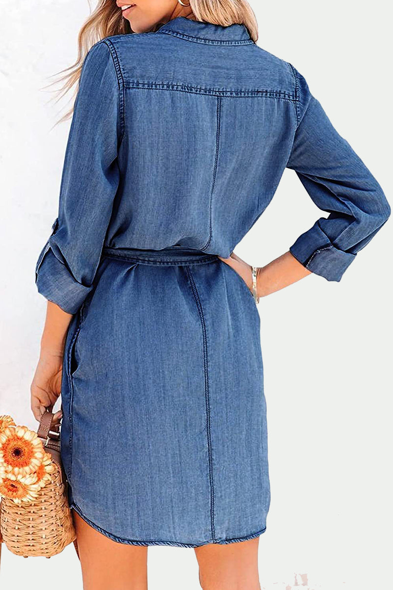 Elegant Solid Frenulum Turndown Collar Long Sleeve Loose Denim Dresses Skater Dresses