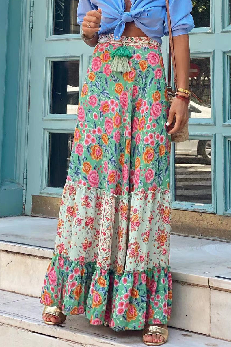 Casual Vacation Floral Patchwork Loose High Waist Type A Full Print Bottoms Skirts