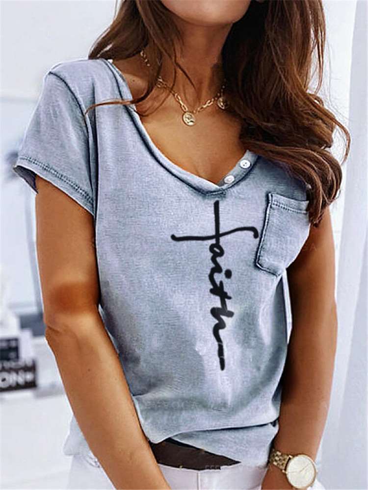 Casual Word print V neck Short sleeve T-Shirts