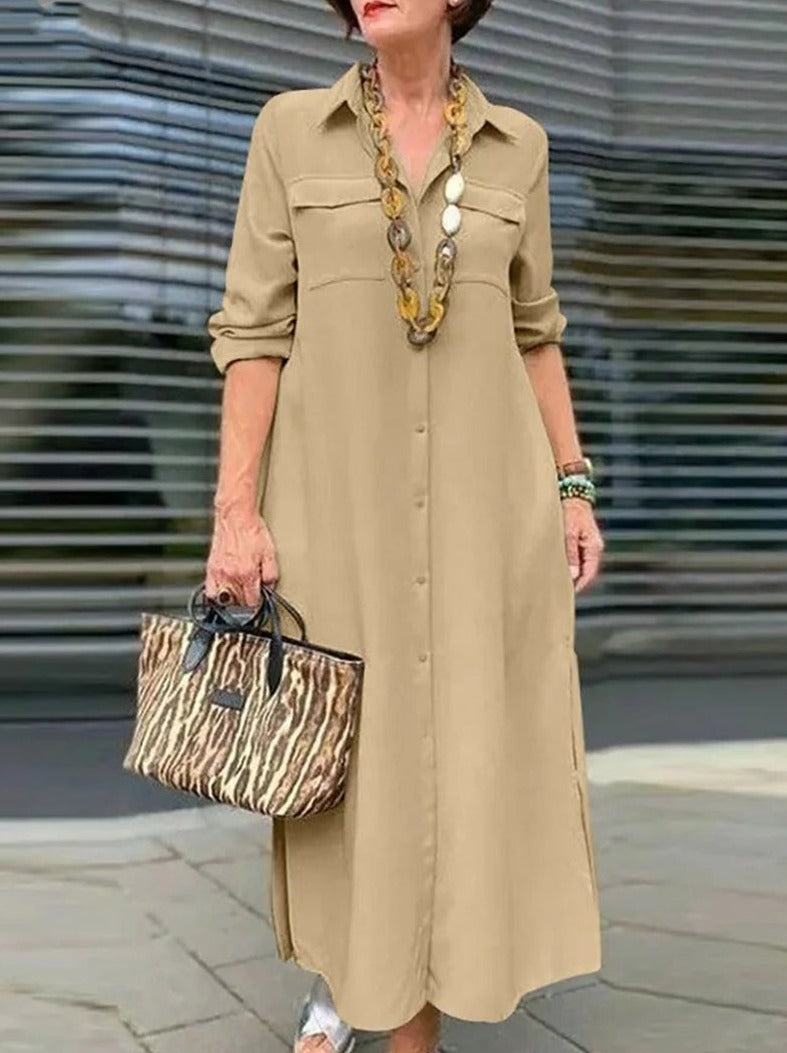 CiciCloth Casual Simplicity Buttons Turndown Collar Long Sleeve Dresses Maxi Dresses