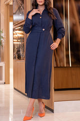 Elegant Solid Buttons Turndown Collar A Line Dresses