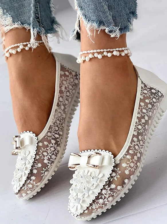 Elegant Applique Bowknot Decor Wedding Bridal Shoes Lace Split Joint Ballet Flats