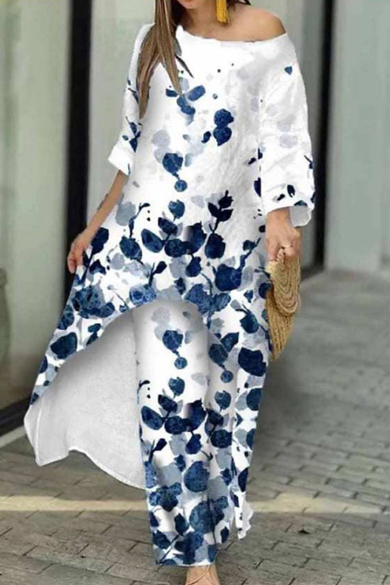 Casual Print Asymmetrical O Neck Three Quarter Two Pieces
