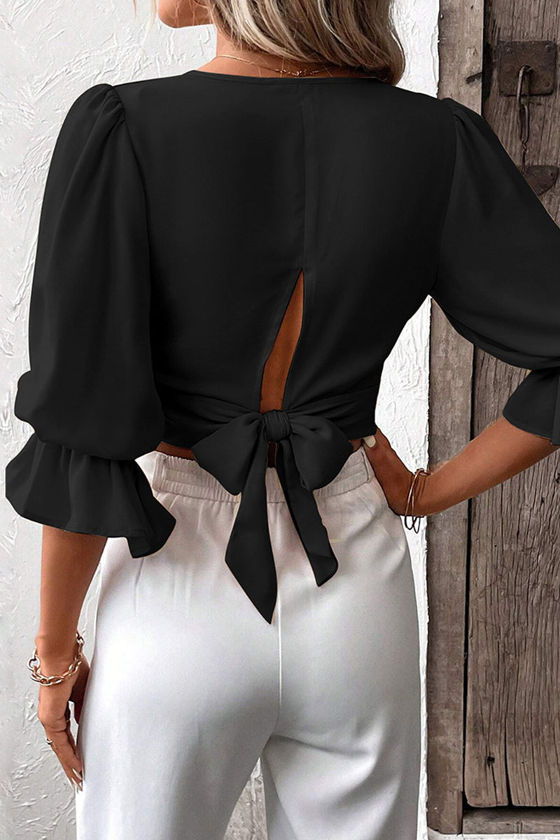 Elegant Simplicity Solid Bandage V Neck Tops Blouses