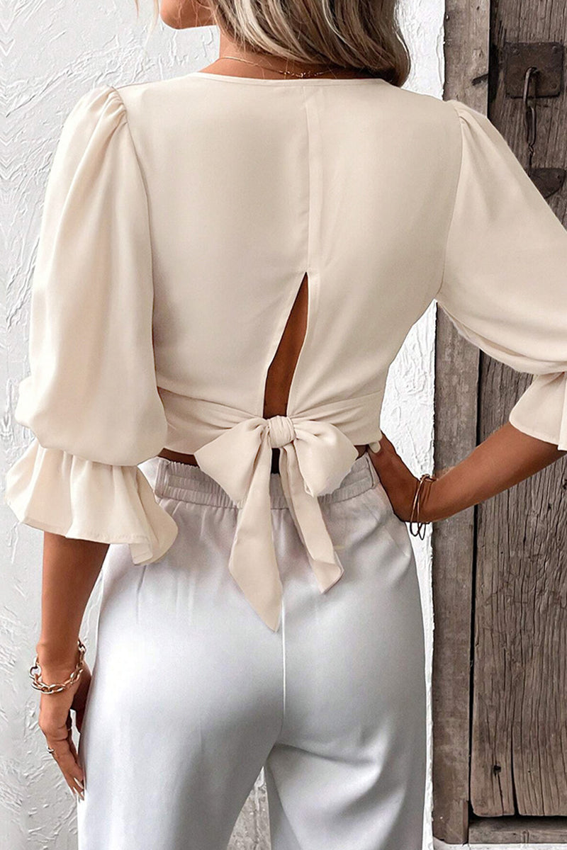 Elegant Simplicity Solid Bandage V Neck Tops Blouses