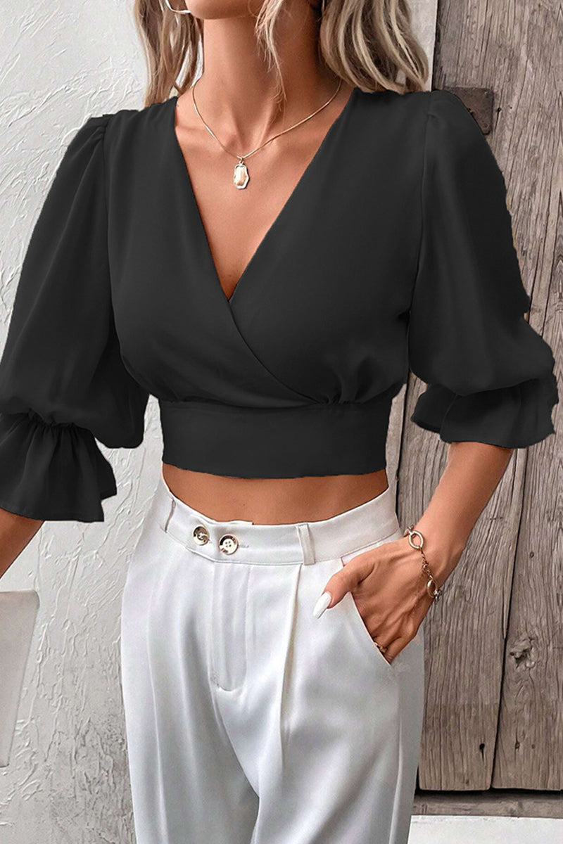 Elegant Simplicity Solid Bandage V Neck Tops Blouses