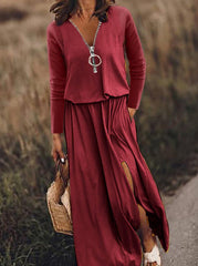 Casual Patchwork Zipper V Neck Irregular Dress Maxi Dresses