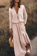 Casual Patchwork Zipper V Neck Irregular Dress Maxi Dresses