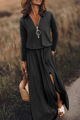Casual Patchwork Zipper V Neck Irregular Dress Maxi Dresses