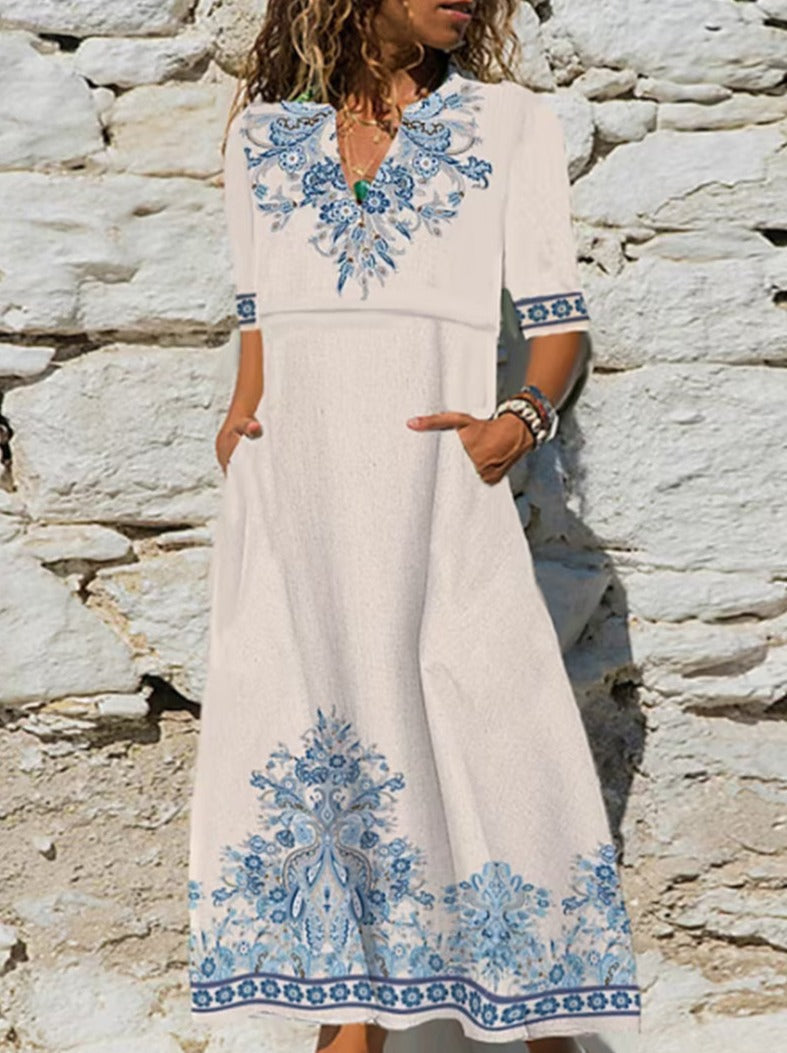 Casual Print Pocket V Neck A Line Dresses Maxi Dresses