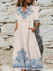 Casual Print Pocket V Neck A Line Dresses Maxi Dresses