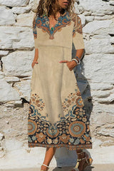Casual Print Pocket V Neck A Line Dresses Maxi Dresses