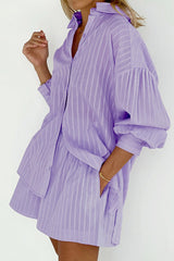 Casual Striped Patchwork Pocket Turndown Collar Long Sleeve Two Pieces