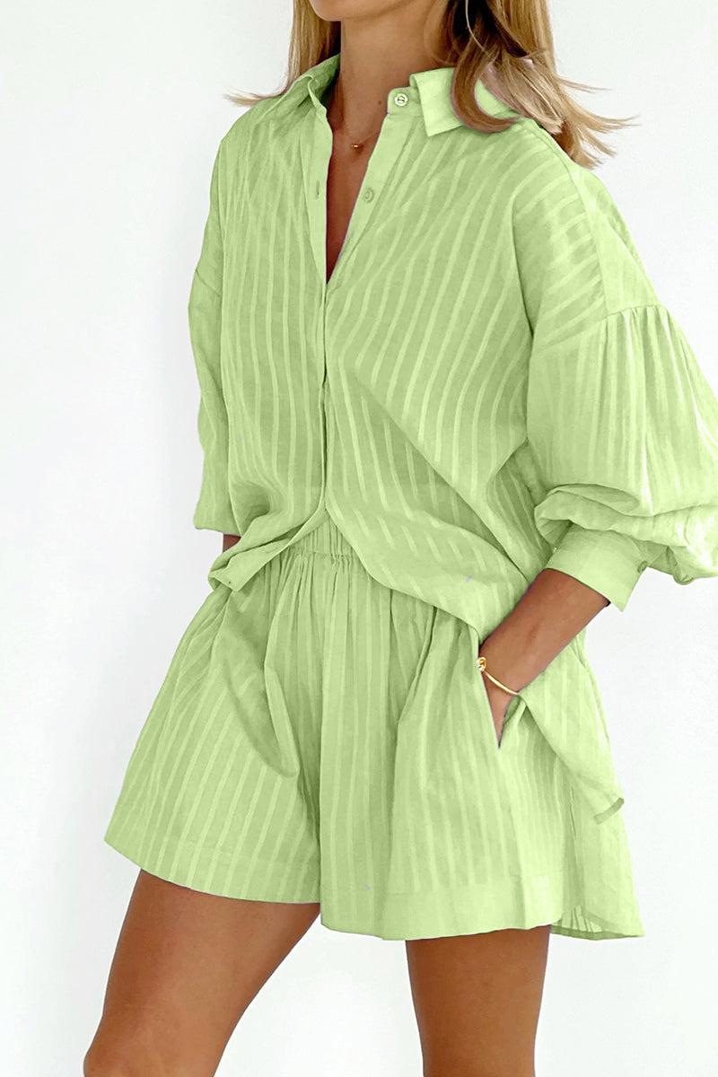 Casual Striped Patchwork Pocket Turndown Collar Long Sleeve Two Pieces