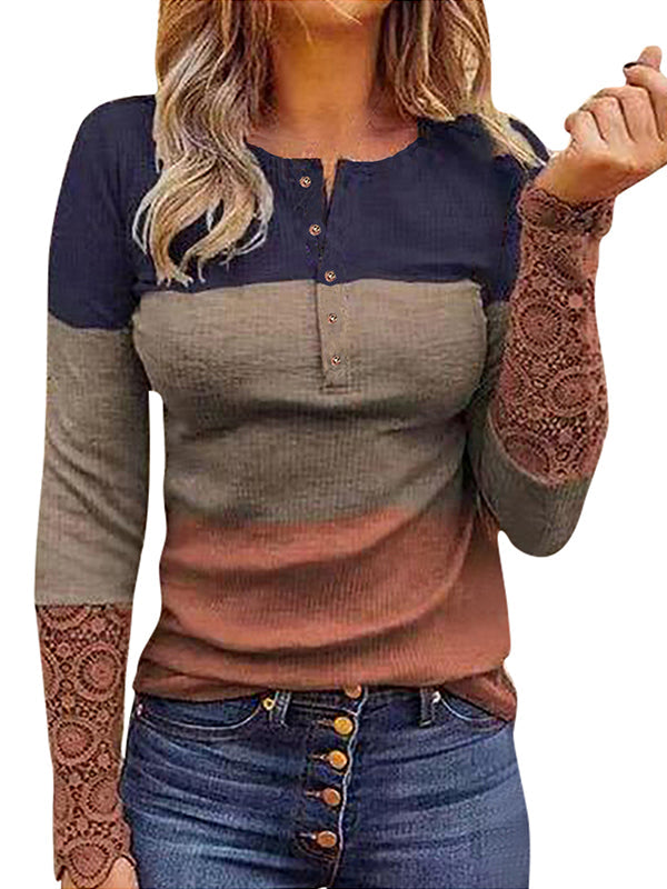 Round neck button design lace sleeve long sleeve T-shirts