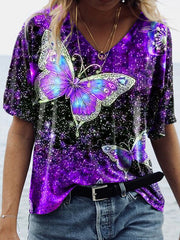 Casual v neck butterfly printed chic women short sleeve T-shirts