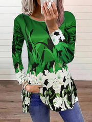 Round neck T-shirts printed fashion floral design tops for women