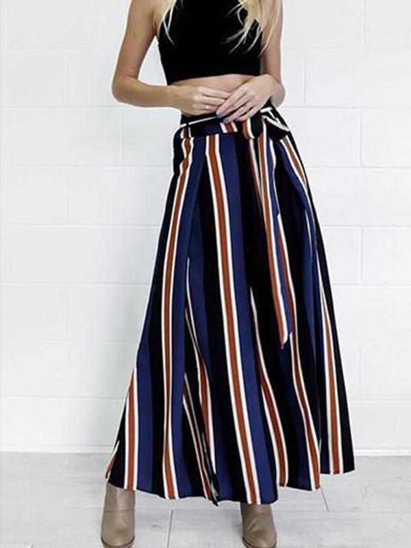 Loose Fit Bow Tie Striped Print Wide Leg Pants High Side Slit Drawstring