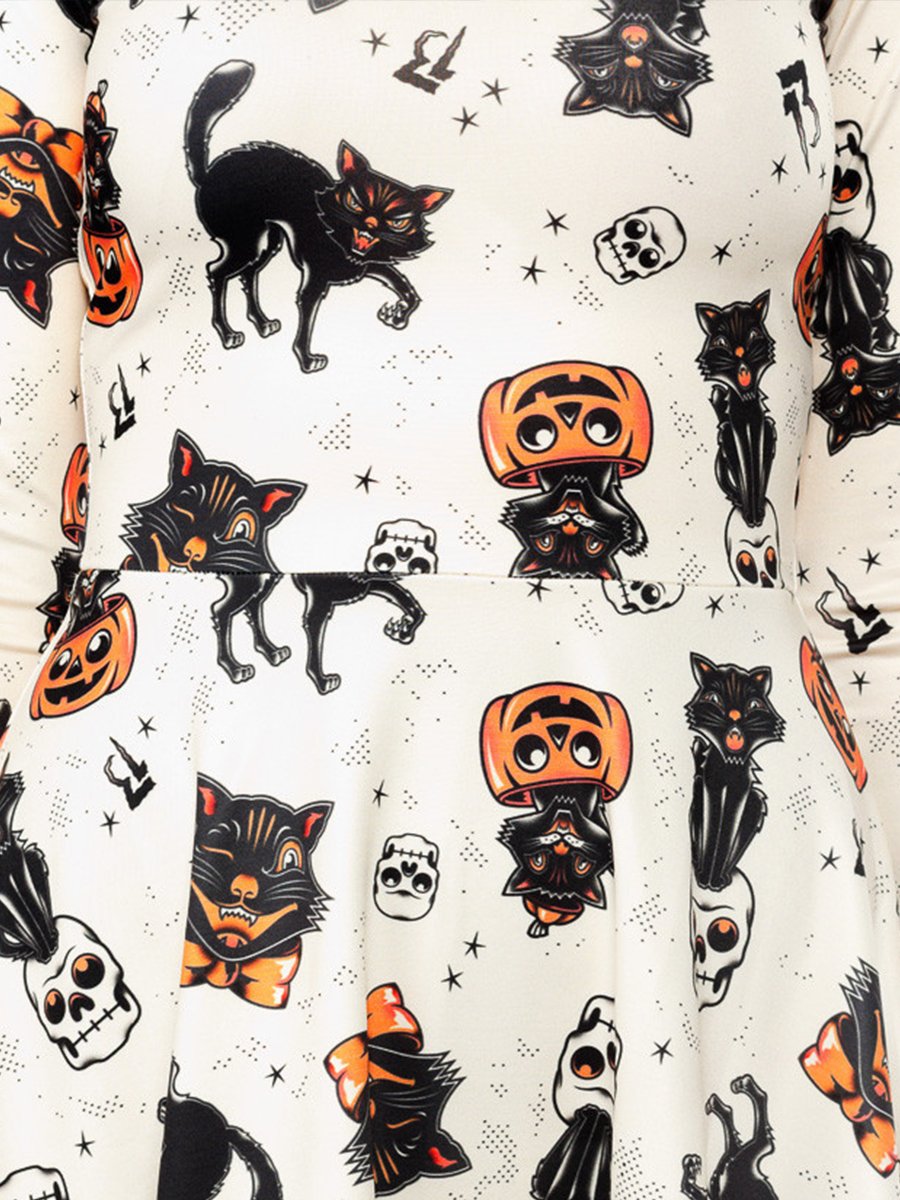 Vampire Sexy Halloween Print Long Sleeve Skater Dress