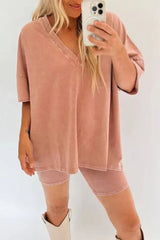 Casual Simplicity Solid V Neck Short Sleeve Two Pieces