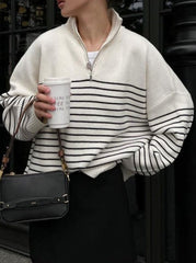 Casual Plaid Striped Contrast Turndown Collar Tops Sweaters