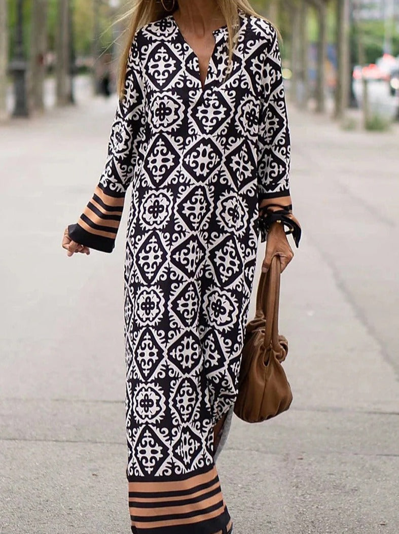 Street College Geometric Print Contrast V Neck Printed Dress Maxi Dresses