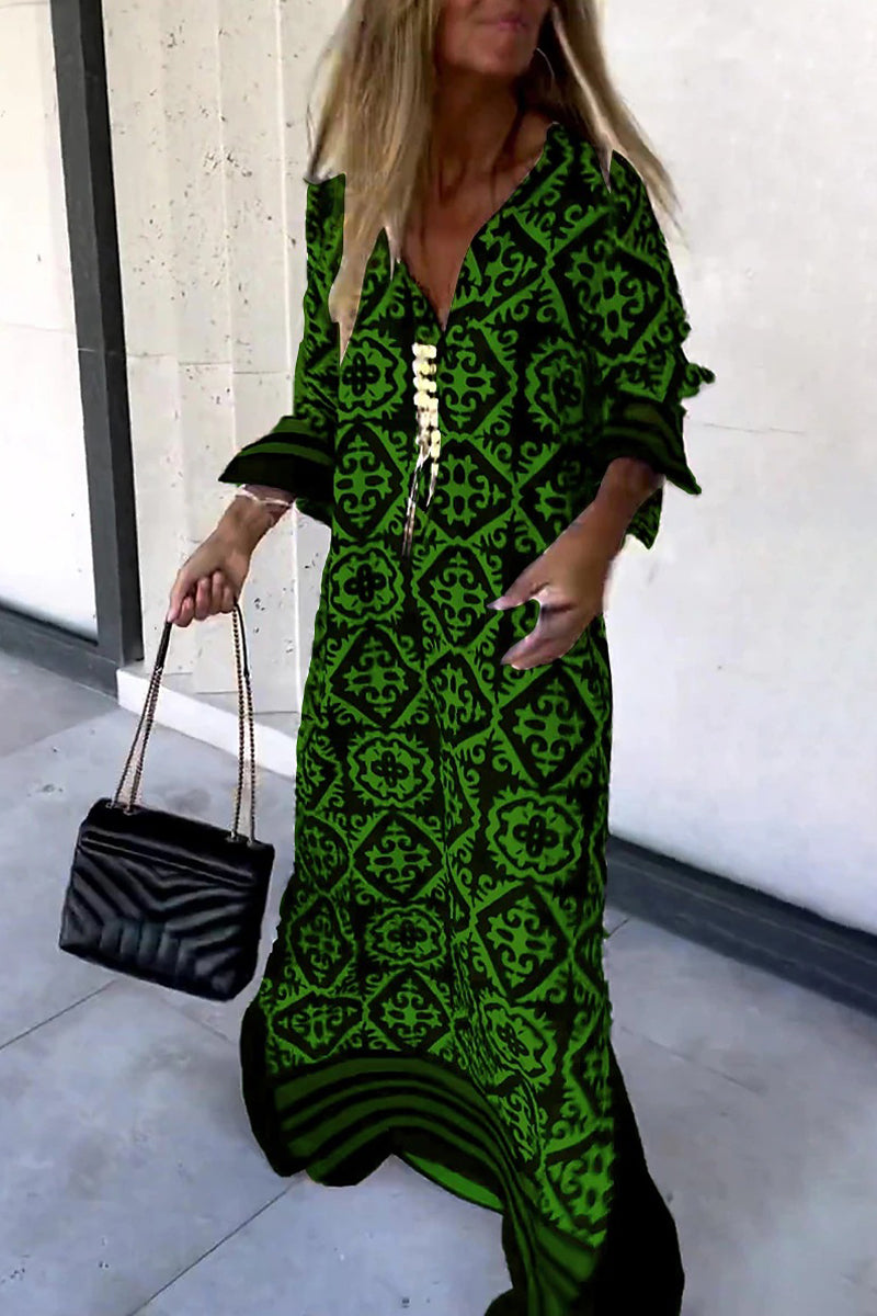 Street College Geometric Print Contrast V Neck Printed Dress Maxi Dresses