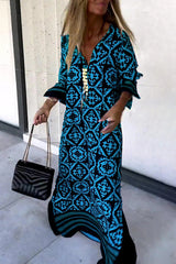 Street College Geometric Print Contrast V Neck Printed Dress Maxi Dresses