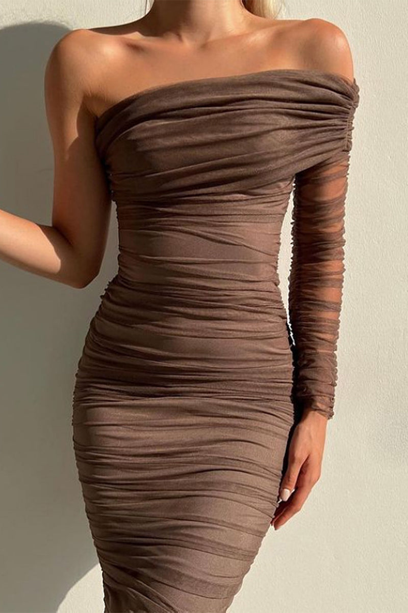 Sexy Formal Solid Patchwork Oblique Collar Evening Dress Dresses