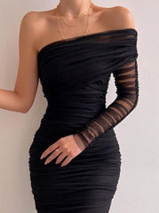 Sexy Formal Solid Patchwork Oblique Collar Evening Dress Dresses