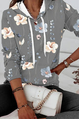 Casual Print Patchwork Hooded Collar Tops
