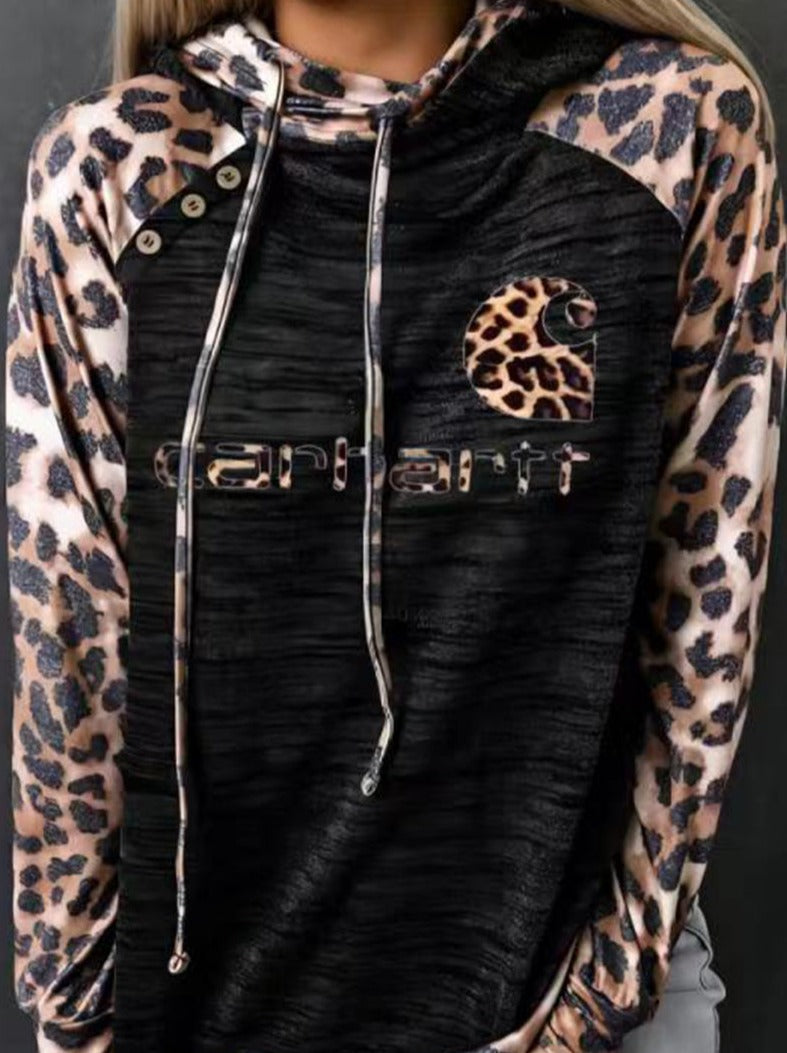 Casual Leopard Patchwork Buttons Hooded Collar Tops