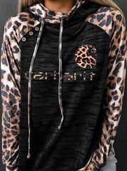 Casual Leopard Patchwork Buttons Hooded Collar Tops