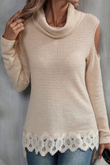 Elegant Solid Lace Turtleneck Tops Sweaters