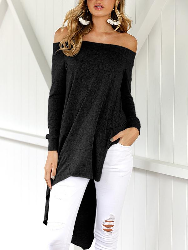 Fashion Off Shoulder Plain Color Long-sleeved Shirt with Irregular Hem