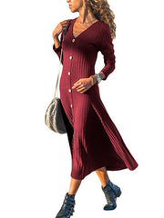 V-Neck Long Sleeve Plain Knit Woman Maxi Dress