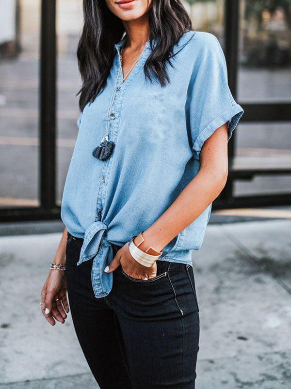 Cotton Women Fashion Tie Turn Down Collar Short Sleeve Blouses