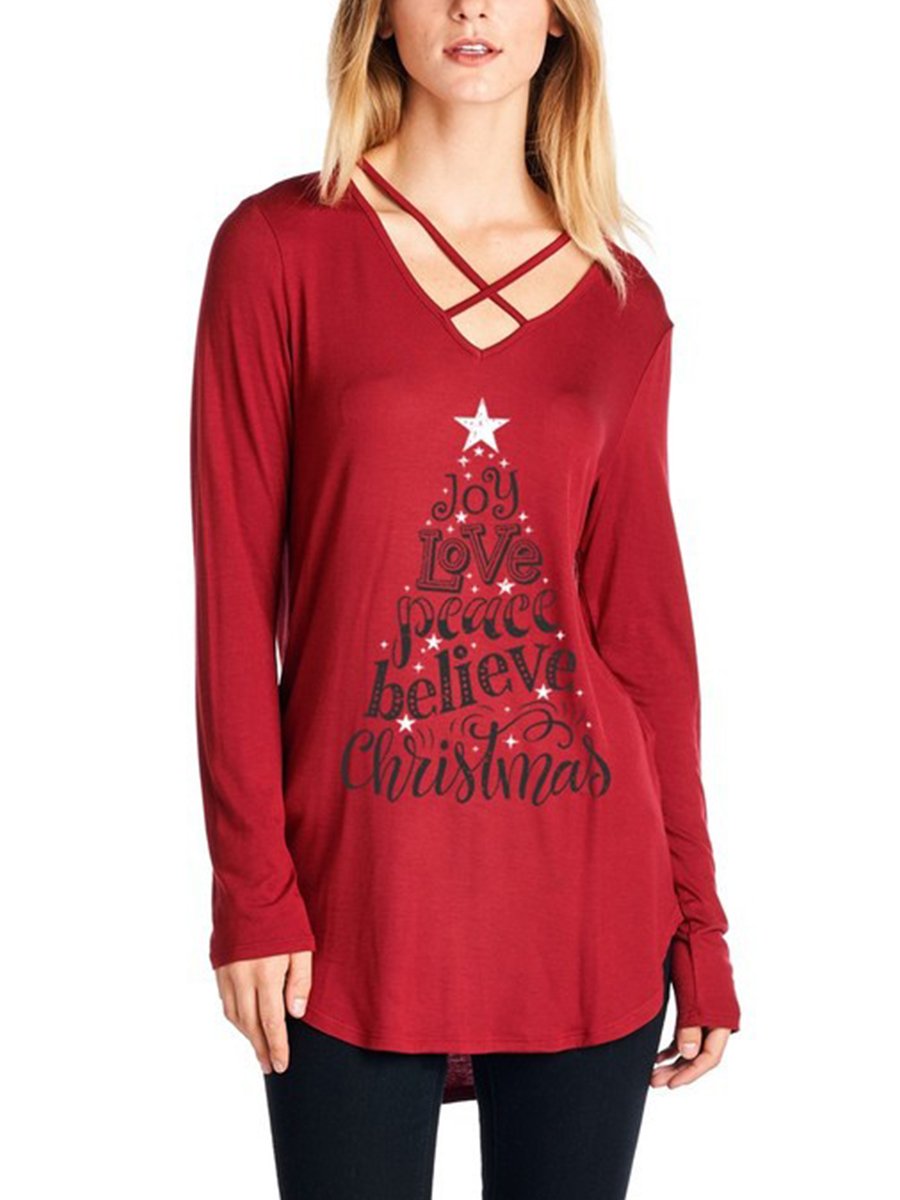 V Neck Tie Woman Long Sleeve Christmas Printed T-shirts