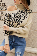 Street Leopard Asymmetrical Weave Turtleneck Tops Sweaters