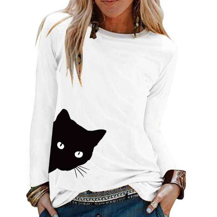 Fashion Cat print Round neck Long sleeve T-Shirts