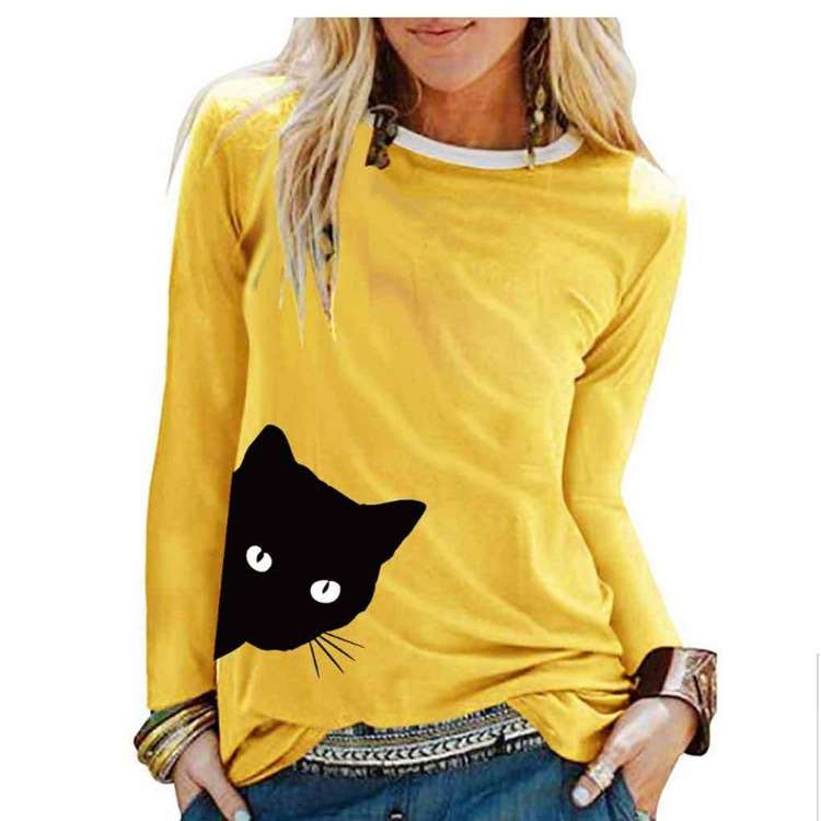 Fashion Cat print Round neck Long sleeve T-Shirts