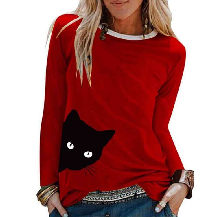 Fashion Cat print Round neck Long sleeve T-Shirts